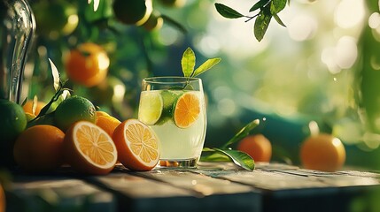 Wall Mural -   A glass of lemonade sits atop a wooden table alongside oranges and limes