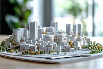 Wall Mural - A scale model of a city displayed on a table with detailed buildings and terrain