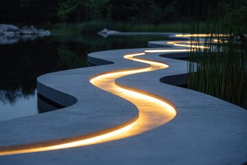 Poster - a curved concrete walkway illuminated by lights at night