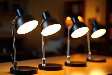 Three lamps sit atop a wooden table, providing warm lighting