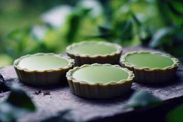 Wall Mural - A wooden plank with four decorative tarts arranged on top