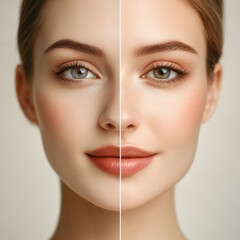 Poster - Contrasting beauty styles with natural makeup on one side and full makeup on the other side of a womans face. Generative AI