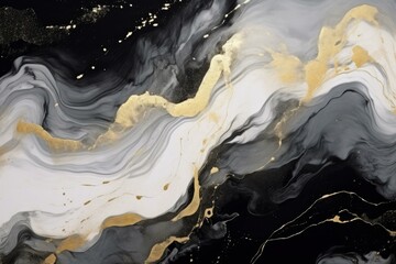 Poster - Abstract fluid art background with black, white, and gold colors creating a luxurious marble effect