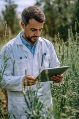 Poster - A man in a white lab coat studies a tablet, possibly reviewing data or making notes