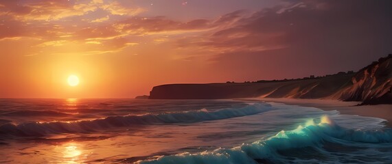 Fototapete - Mystical shoreline where the sun sinks below the horizon painting the sky with colors
