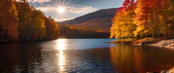 Wall Mural - Picturesque shot of a shimmering lake surrounded by vibrant fall foliage