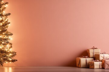 Aufkleber - A beautifully lit Christmas tree stands tall with sparkling lights, surrounded by neatly wrapped gifts against a soft pastel background, radiating holiday cheer