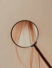 Poster - Magnifying glass revealing damage on a hair strand under soft light. Generative AI