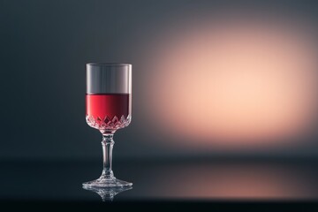 Poster - Captivating low-light setting highlights a crystal wine glass filled with rich red wine, set on a glossy surface with gentle ambient light enhancing its beauty