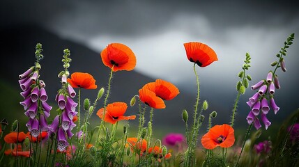 Wall Mural -   Red and purple flowers against dark background, cloud in distance