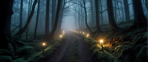 Wall Mural - stunning photograph of a foggy forest path leading into a mystical landscape