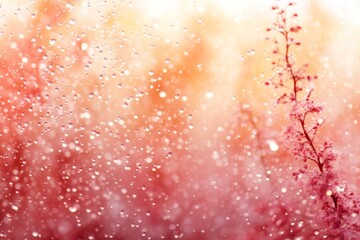 Poster - Translucent liquid droplets are suspended on a glossy surface, reflecting soft light in vibrant colors while creating an abstract composition with ample copy space