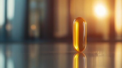 Poster - A glossy yellow omega-3 fish oil capsule stands out against a reflective surface, with faint shadows and warm light creating a captivating effect in the background