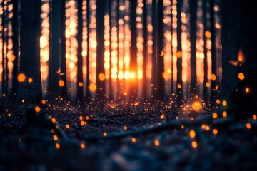 Poster - A magical forest clearing comes alive at midnight with soft glowing lights, as fairies dance among glowing fireflies and curious woodland creatures peek from shadows