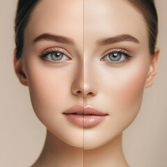Fototapete - Contrasting natural beauty and full makeup on one face captures the vast spectrum of cosmetic artistry. Generative AI