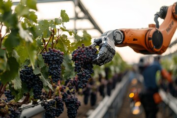 Poster - smart farm concept robotic assistant in agriculture harvesting grapes and analyzing their growth