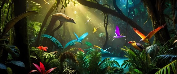 Wall Mural - Vibrant rainforest scene alive with wildlife showcasing a colorful array of exotic animals