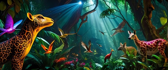 Wall Mural - Vibrant rainforest scene alive with wildlife showcasing a colorful array of exotic animals