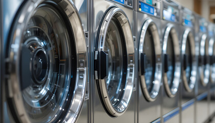 Row of modern washing machines in a launderette. Laundry equipment, hygiene, clean clothes, detergent, fabric care, textile, household appliance, and interior design. Washing, drying, and home cleanin