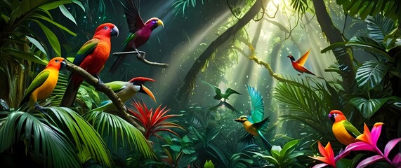 Wall Mural - Vibrant tropical rainforest filled with colorful birds and lush foliage