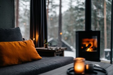 Aufkleber - Cozy living room showcases a wood-burning stove, a grey sofa with orange cushions, and a serene winter landscape outside. Minimalist design enhances comfort