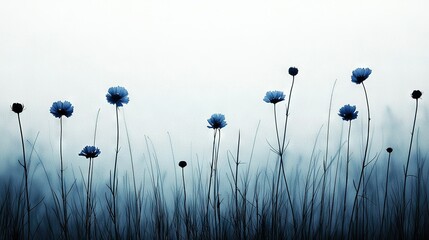 Canvas Print -   Blue flowers in a cluster on a lush green field with tall dry grass