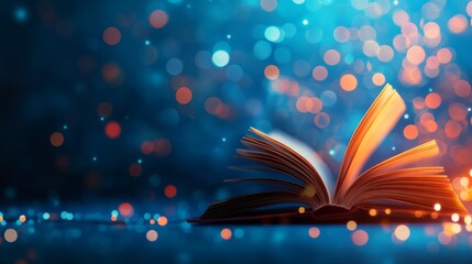 Aufkleber - A glowing magic book floats mid-air, illuminating its pages with a warm light while surrounded by a soft blue background and sparkling bokeh effects