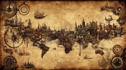Steampunk World Map Geared Cityscape, Ships, Compasses, Vintage Design