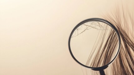 Poster - Magnifying glass examines damaged hair strand showing details of split ends and texture during close up observation. Generative AI