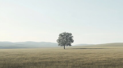 Wall Mural - Solitary tree in vast field, misty morning landscape, serene nature scene, ideal for tranquility themes