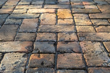 Poster - Warm sunlight illuminates cobblestone street creating a charming and rustic urban setting