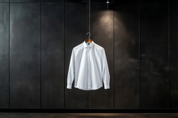 Leinwandbilder - A white button-up shirt hangs on a wooden hanger, illuminated by soft lighting against a dark gray wall, creating a stylish and sophisticated look