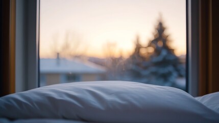 Aufkleber - A neatly arranged white duvet rests on a pristine bed, bathed in soft winter morning light filtering through a frosted window, creating a tranquil atmosphere