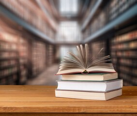 Wall Mural - Books for reading on wooden table in library