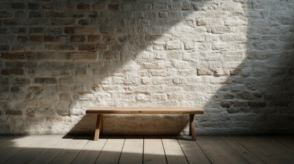 Wall Mural - Wooden bench against sunlit brick wall