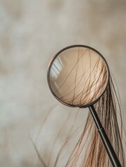 Poster - Magnifying glass examining a damaged hair strand under soft indoor lighting. Generative AI