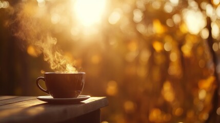 Poster - A warm cup of spiced chai tea sits on a wooden windowsill, surrounded by softly blurred golden and orange autumn leaves, creating a cozy atmosphere