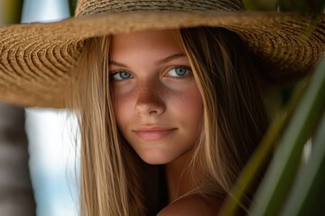 Aufkleber - A woman with long hair wearing a wide-brimmed straw hat gently peers through lush tropical ferns, her face illuminated by soft, dappled sunlight