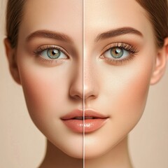 Poster - Natural beauty meets glam makeup in a creative split face portrait showcasing contrasting styles and their visual impact. Generative AI