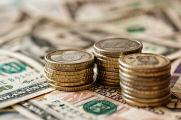 Poster - Stacks of golden coins rest on a surface of dollar bills, symbolizing investment, savings, and financial growth