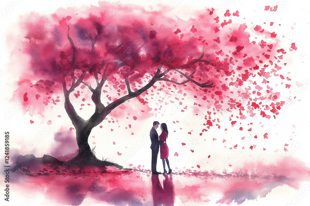 Romantic couple standing under a blooming cherry tree with falling ...