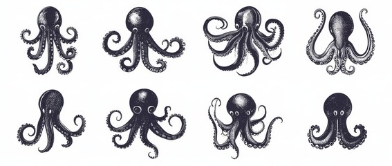 Canvas Print - Show octopus tentacles in different poses, isolated on a white background, with a cartoon hand-drawn style. A modern, monochrome illustration