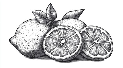 Wall Mural - A detailed black and white engraving of lemon citrus fruit, done in a scratchboard style