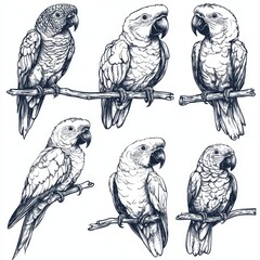 Canvas Print - A series of black and white hand-drawn sketches depicting colorful vintage exotic tropical birds, including parrots, macaws, and cockatoos. Modern isolated illustrations