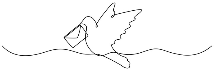 Wall Mural - Flying dove with envelope continuous one line drawing. Vector illustration isolated on white.