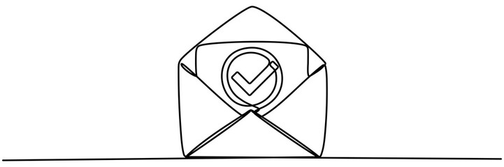 Poster - Open envelope with check mark continuous one line drawing. Receive message concept. Email message sending. Vector illustration isolated on white.