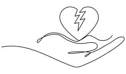 Poster - Continuous line drawing hand with broken heart. Unhappy love symbol concept. Vector illustration isolated on white.