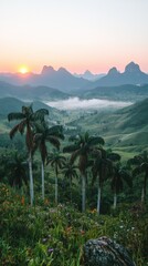 Wall Mural - Scenic tropical landscape with palm trees at sunrise, vast green valleys, mountainous hills, misty horizons, and colorful wildflowers creating serene nature beauty