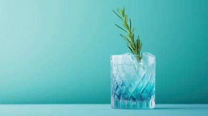 Wall Mural -  A plant protruding from the top of a blue glass containing water and ice cubes against a blue backdrop