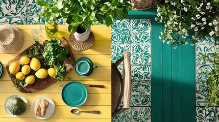 Wall Mural -   A table topped with plates of food next to a potted plant and a potted plant on top of a wooden table